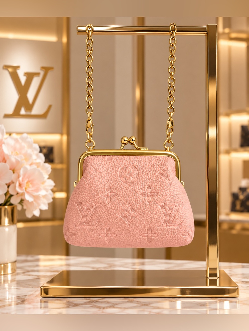 Blush Pink Embossed Monogram Kiss-Lock Chain Clutch